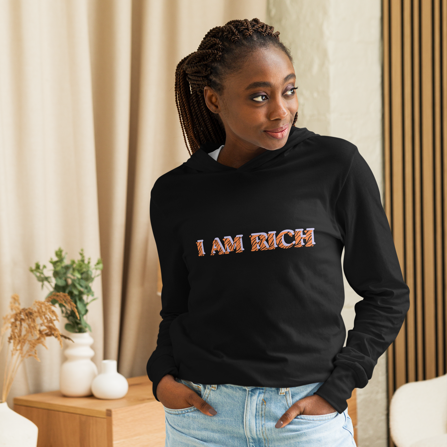 I AM RICH Hooded unisex long-sleeve tee