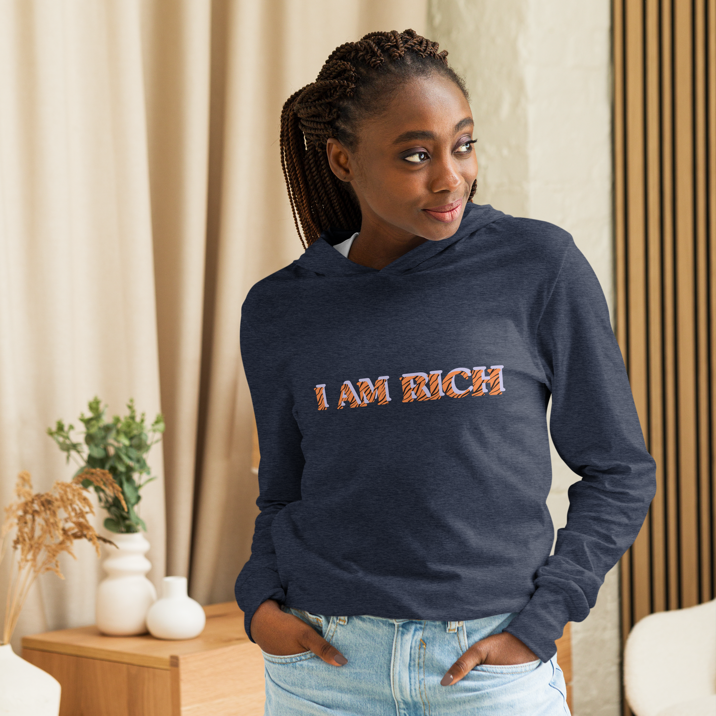 I AM RICH Hooded unisex long-sleeve tee